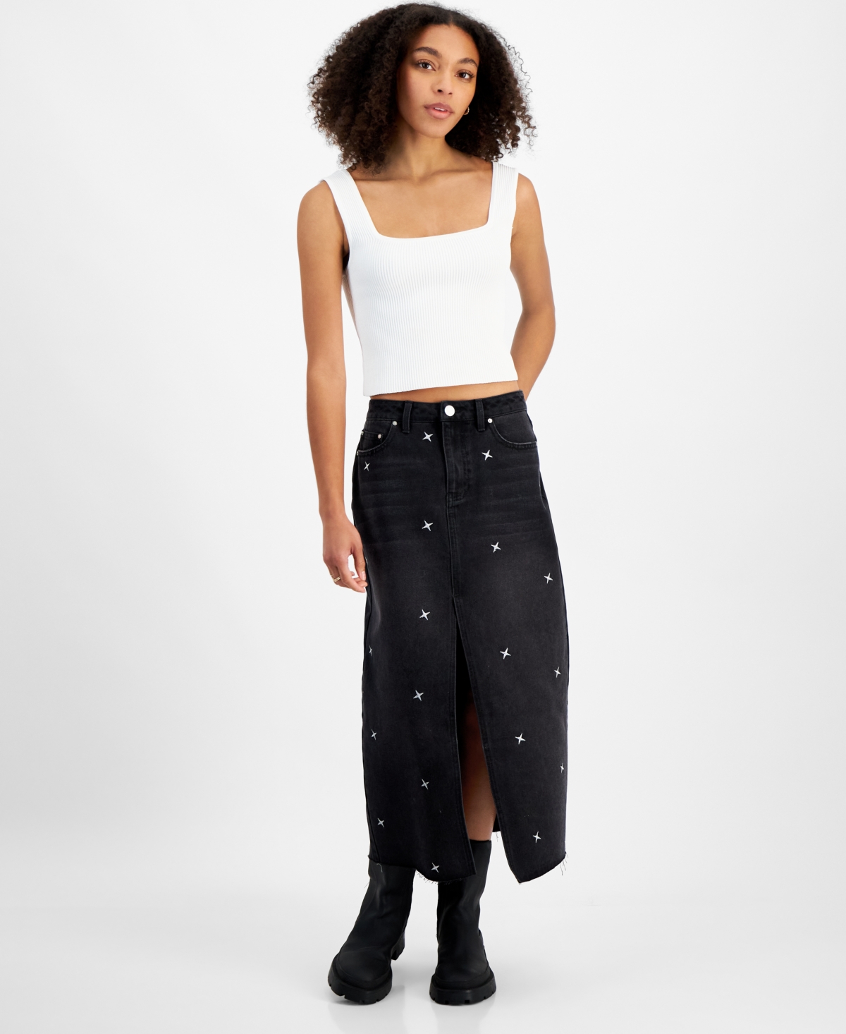 Celebrity Pink Juniors' Embroidered Denim Midi Skirt - Black