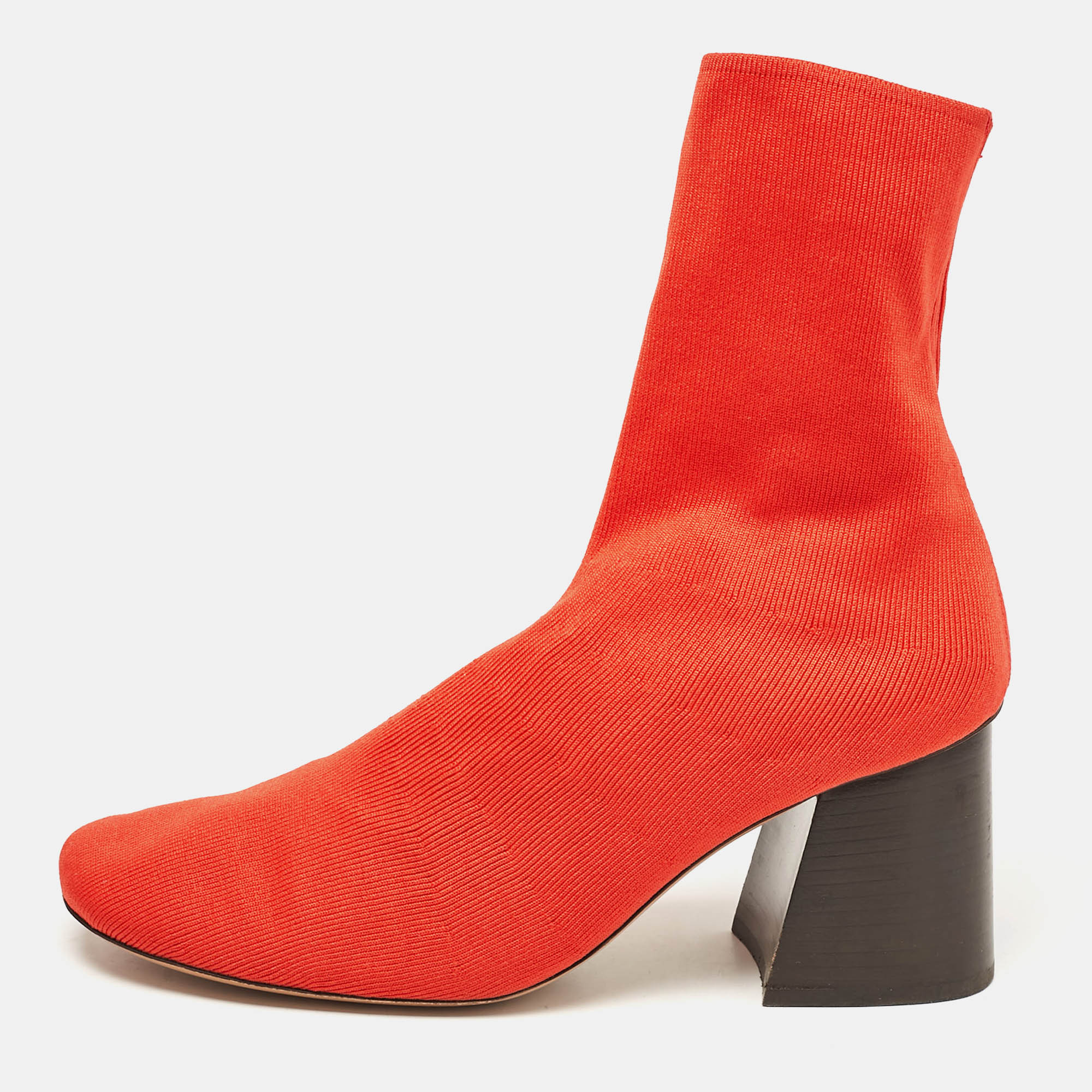 Celine Orange Stretch Knit Fabric Sock Block Heel Ankle Boots Size 39.5