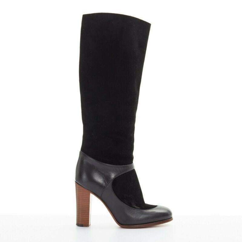 Celine Philo Black Suede Sock Ankle Strap Chunky Wooden Heel Shoes Tall Boot Eu35.5, Women's