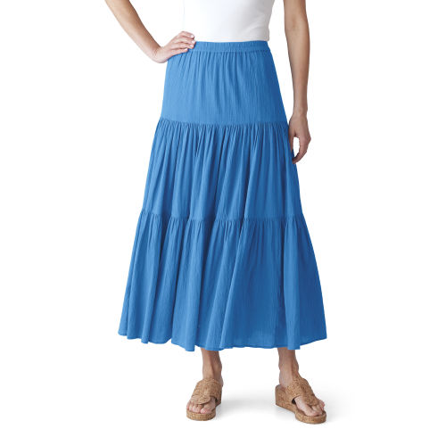 Chadwicks Crinkled Cotton Tiered Skirt, Size Medium in Clear Blue - 100% Cotton