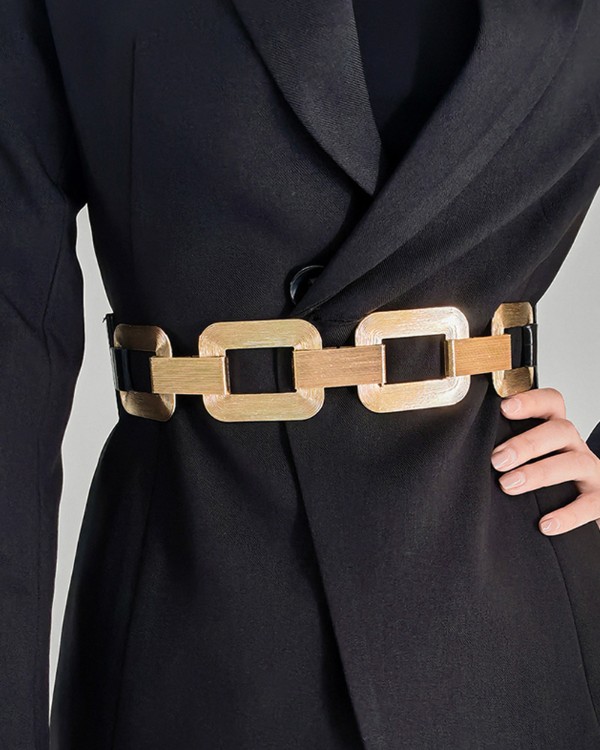 Chain Decor Wide Elastic Waist Belt Fashion Strechy Dress Coat Waistband