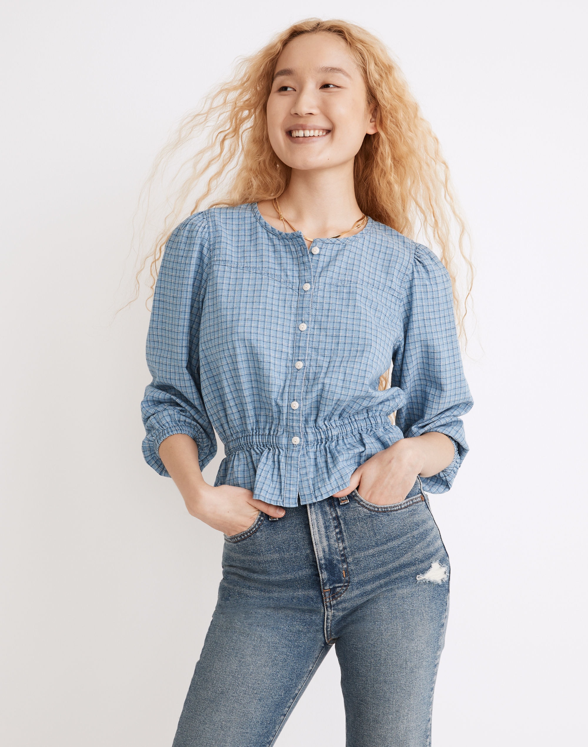 Chambray Puff-Sleeve Peplum Top in Windowpane