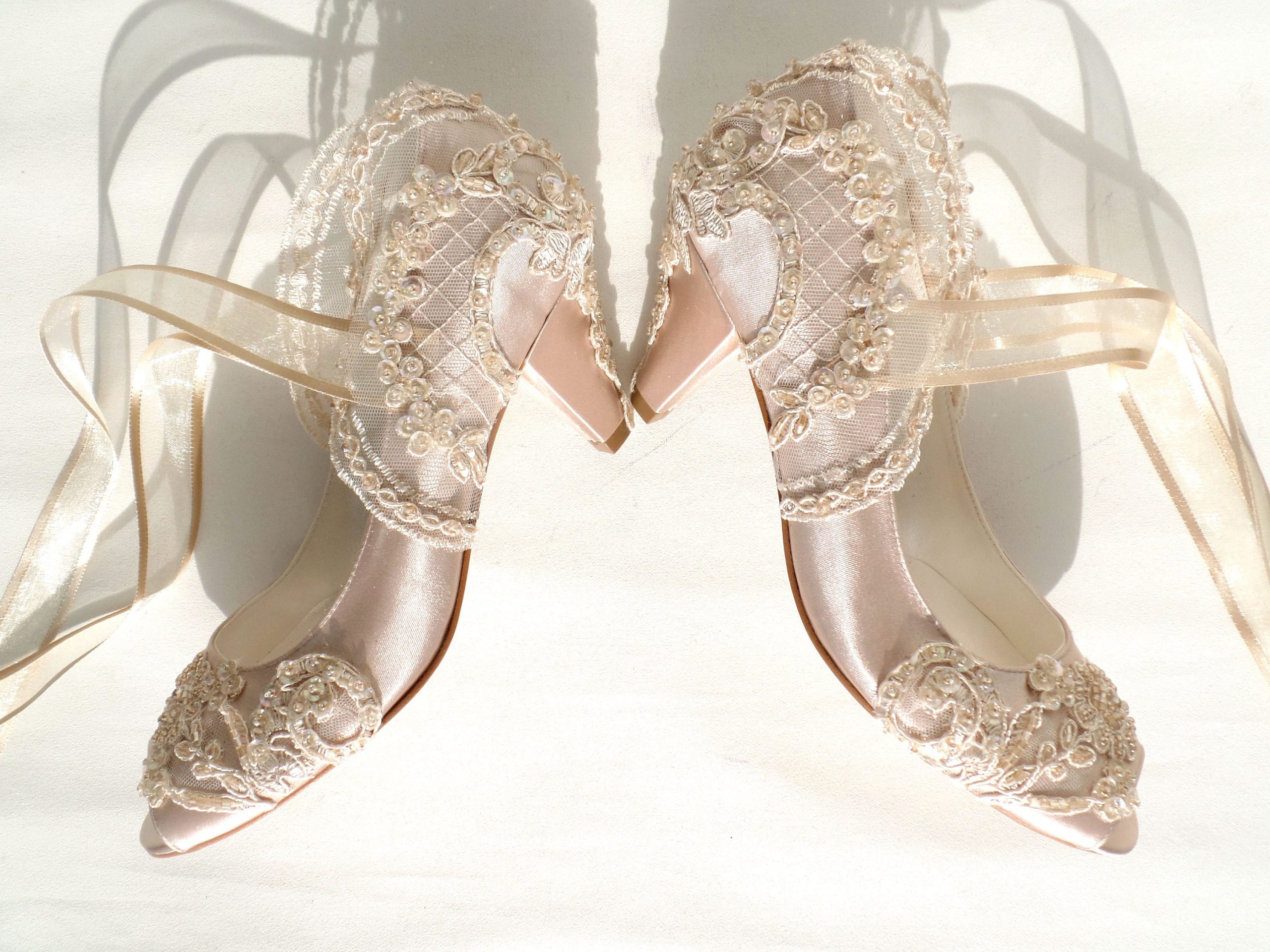 Champagne Satin Bridal Shoes With Kitten Heels