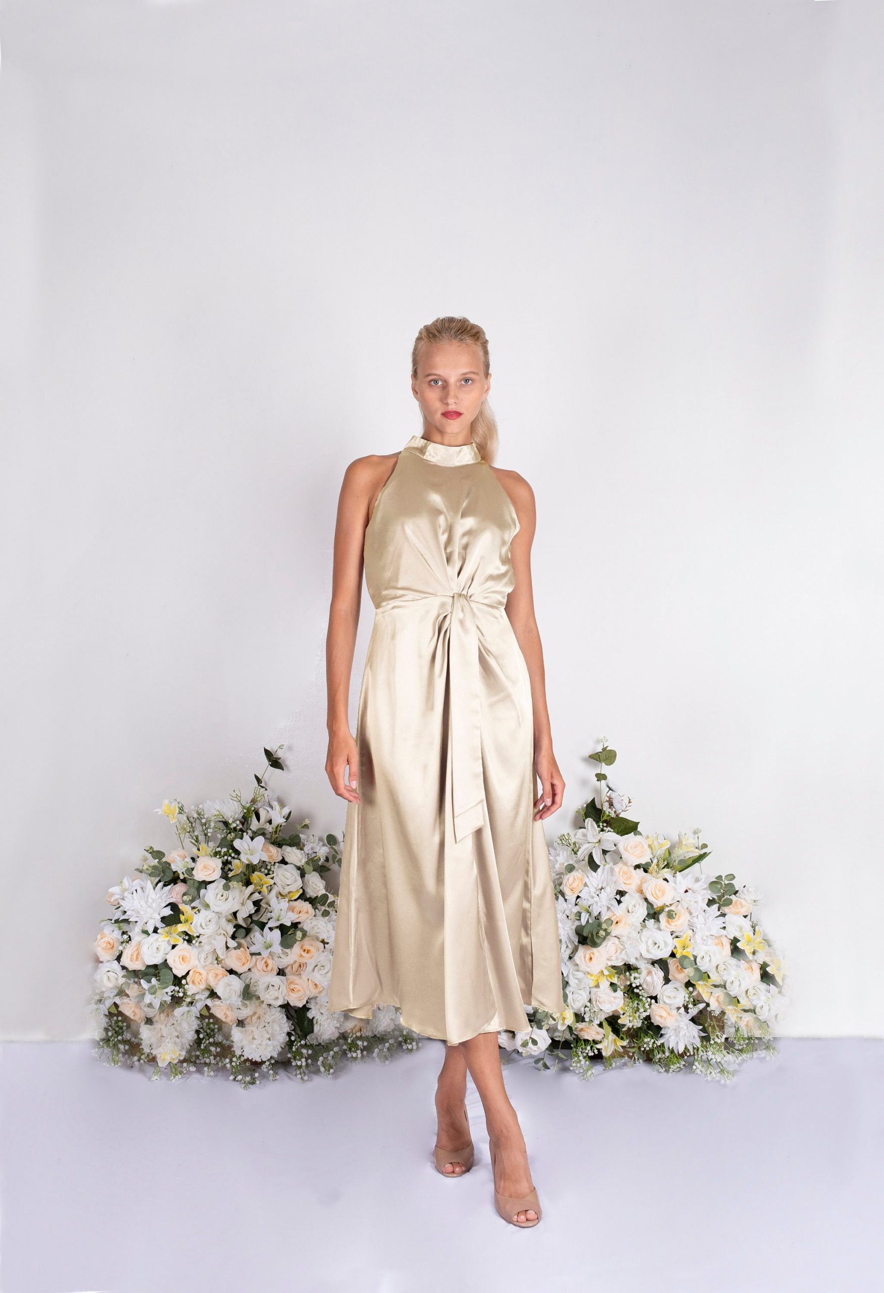 Champagne Satin Bridesmaid Dress, Wedding Dresses, Custom Long Halter Neck Midi Summer Dress