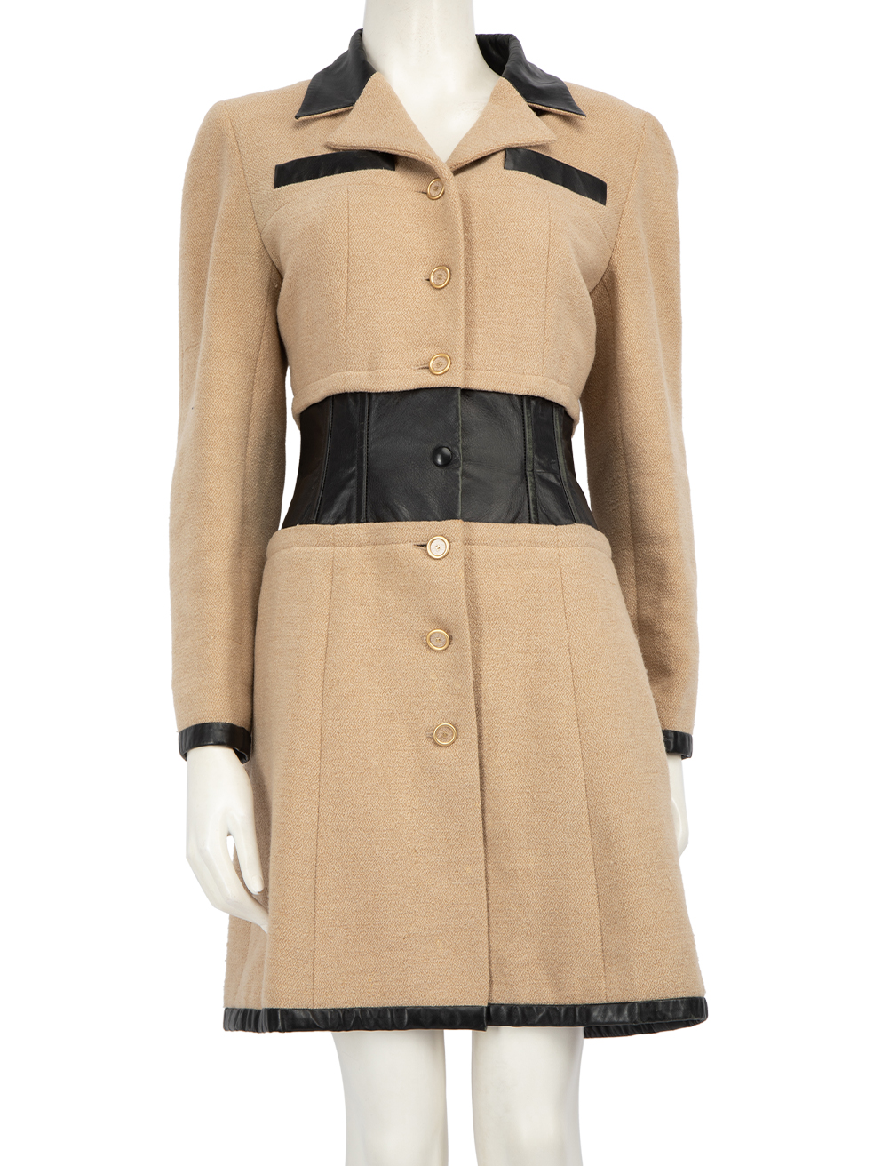 Chanel 2001 Beige Camel Hair Leather Trim Coat