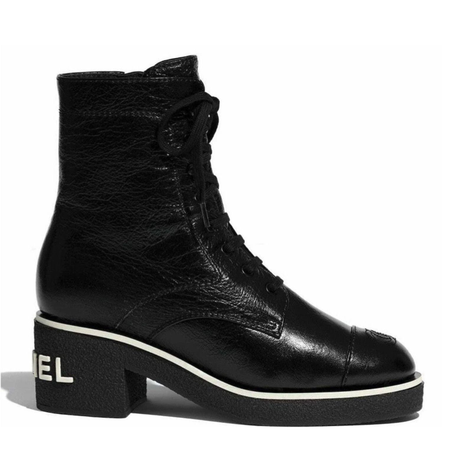 Chanel 21C Black Patent White Logo Combat Ankle Boot 40, Women's (Size 10)