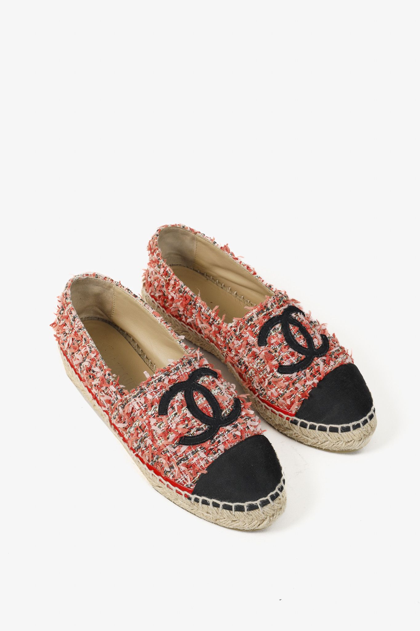 Chanel 21C Coral Tweed Grosgrain Cc-Logo Espadrilles Shoes in Black, Women's (Size 6.5)