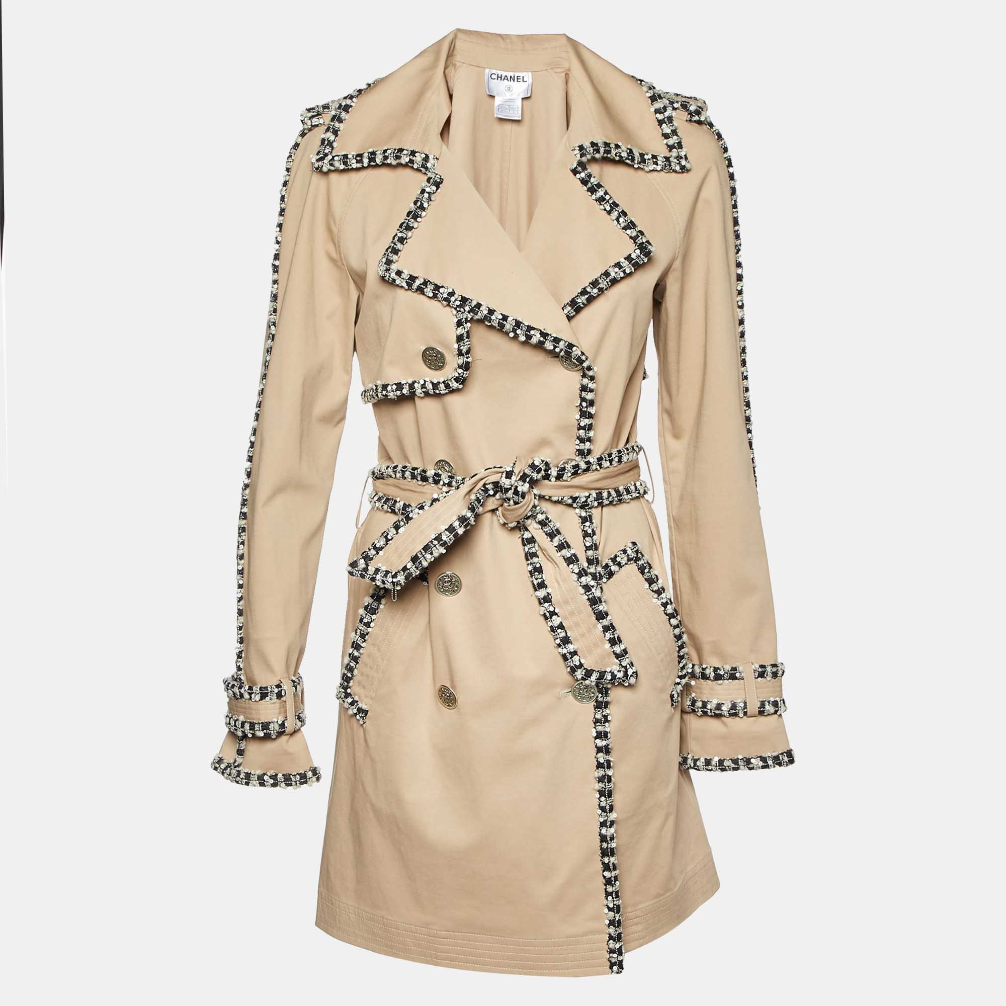 Chanel Beige Cotton Tweed Trim Trench Coat M