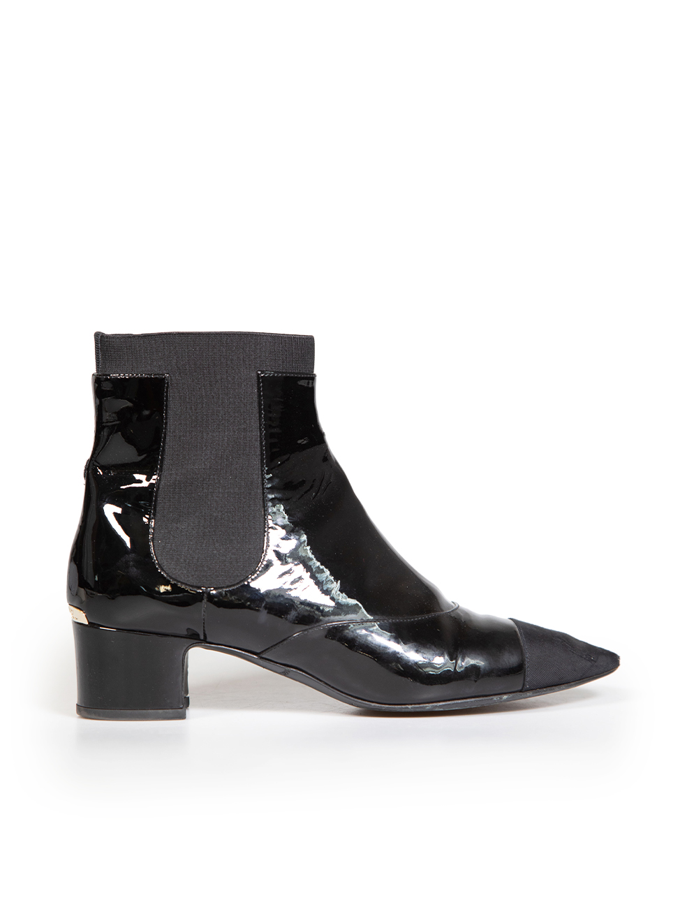 Chanel Black Patent Leather CC Logo Chelsea Boots