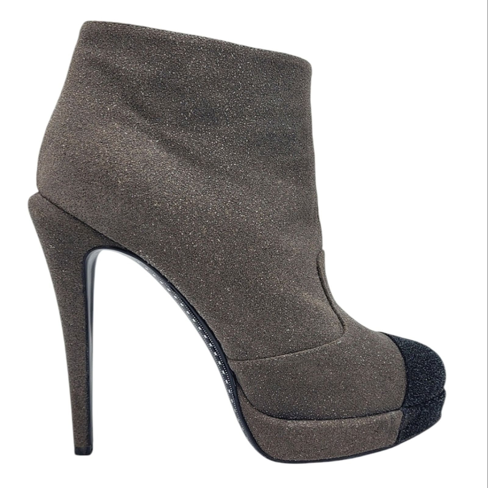 Chanel Cc Logo Cap Toe Glitter Suede Platform Ankle Boots 40 in Grey, Women's (Size 10)