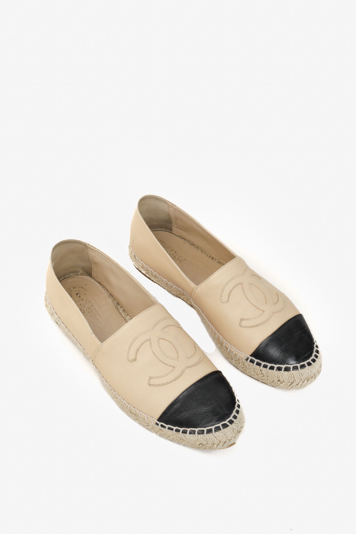 Chanel Espadrilles In Beige And Black Lambskin Shoes in Tan/Black, Women's (Size 10.5)