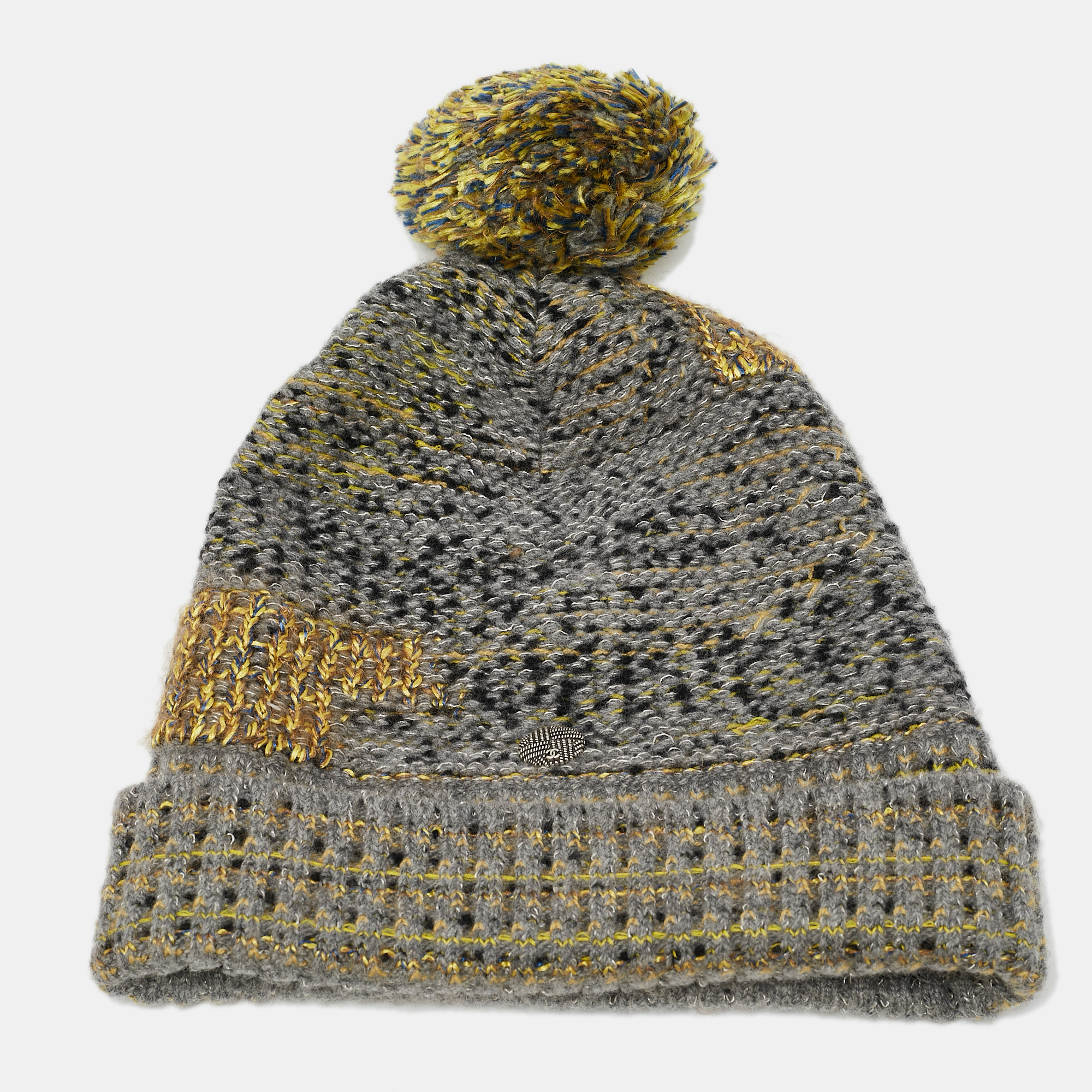 Chanel Grey/Yellow Wool Blend Knit Pom Pom Beanie M