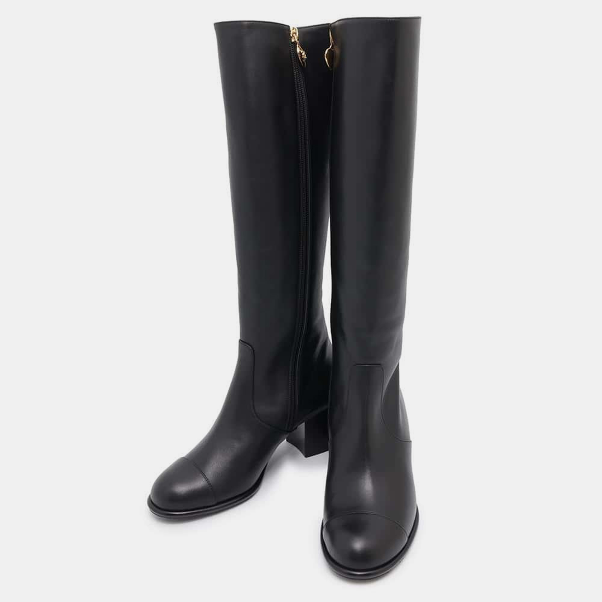 Chanel Knee-High Boots Black Calf Leather Size 37