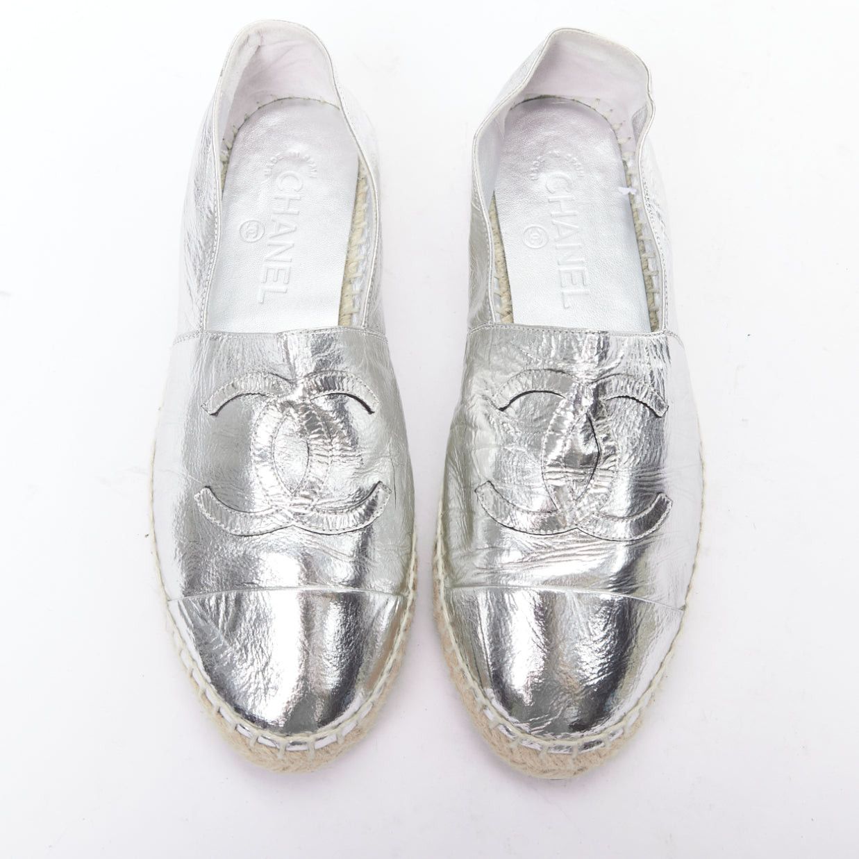 Chanel Metallic Silver Laminated Goatskin Cc Logo Jute Espadrilles Eu38 Shoes, Women's