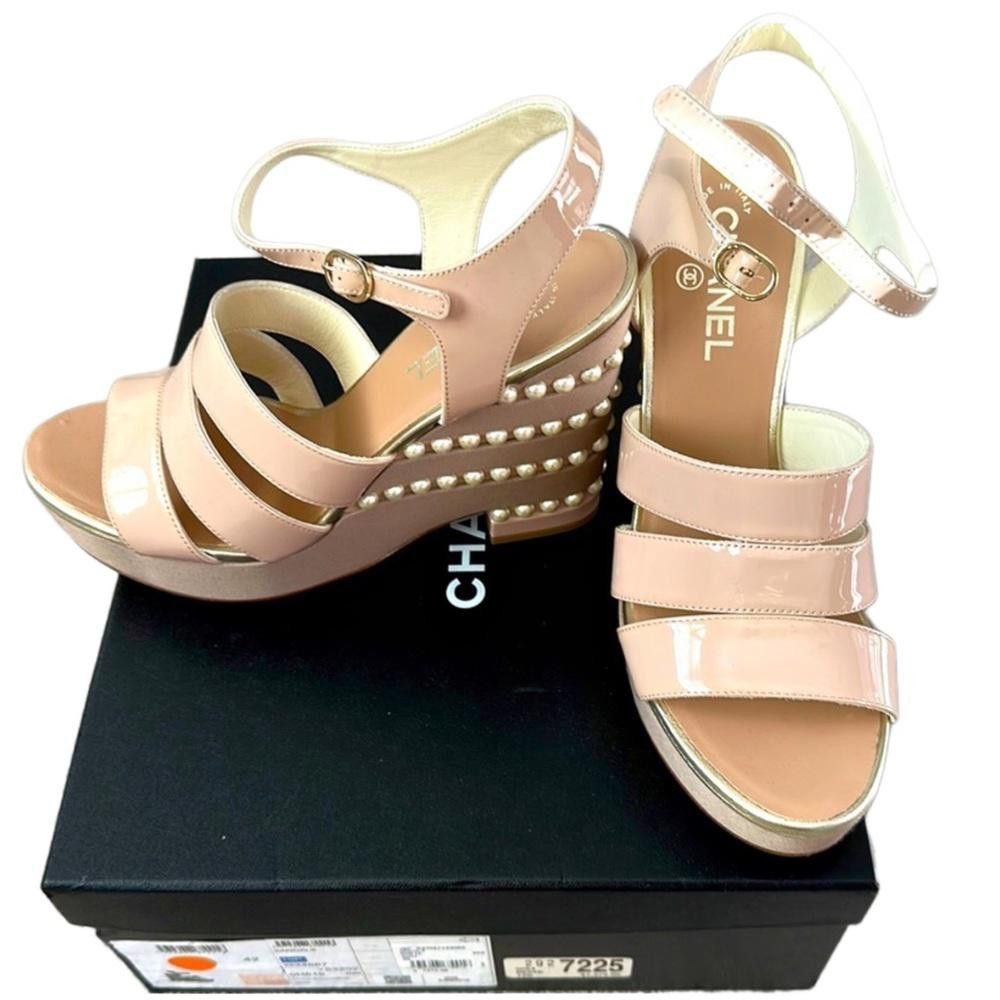 Chanel Nude Pink-Beige Leather Pearl Wedge Sandals Eu 42 in Cream, Women's (Size 10.5)