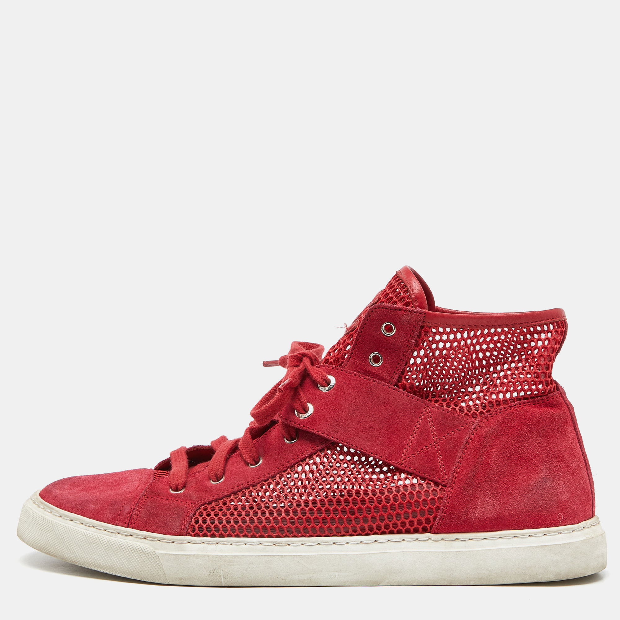 Chanel Red Suede and Mesh High Top Sneakers Size 41.5