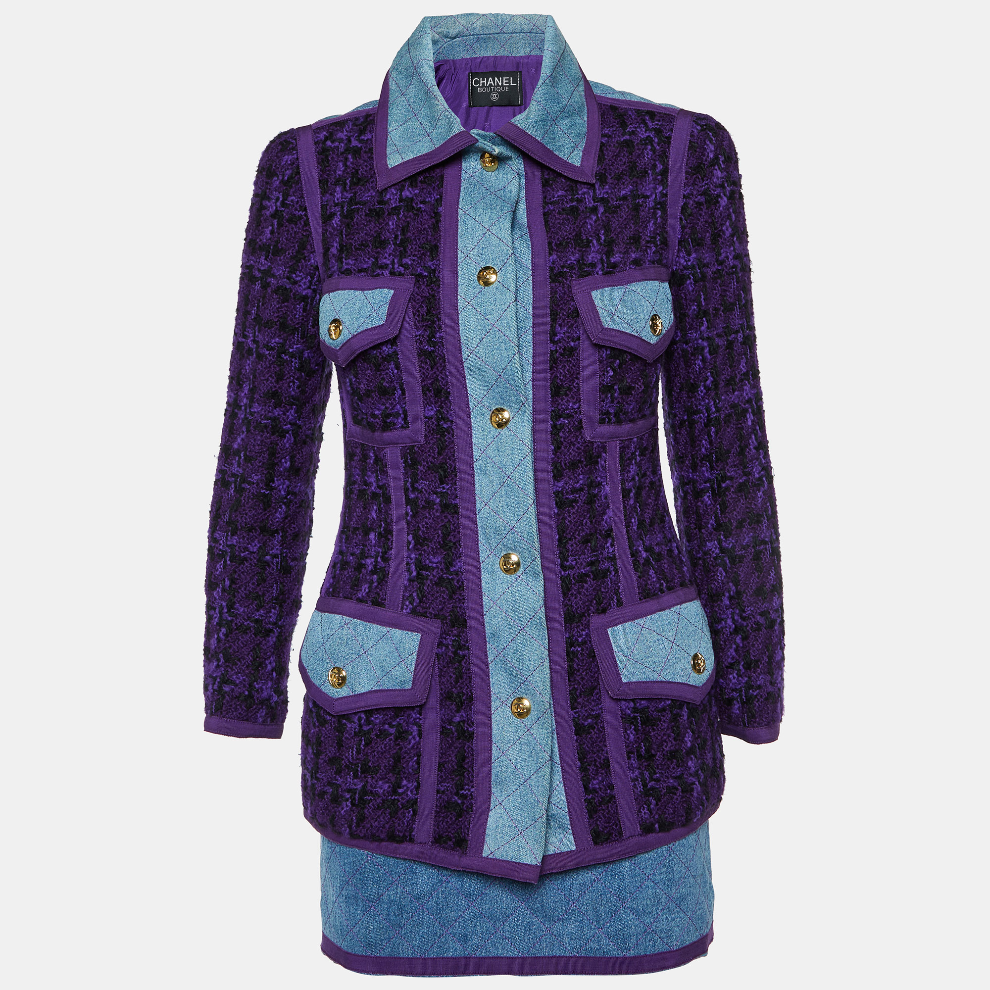 Chanel Vintage Purple Tweed and Denim Skirt and Jacket Set S