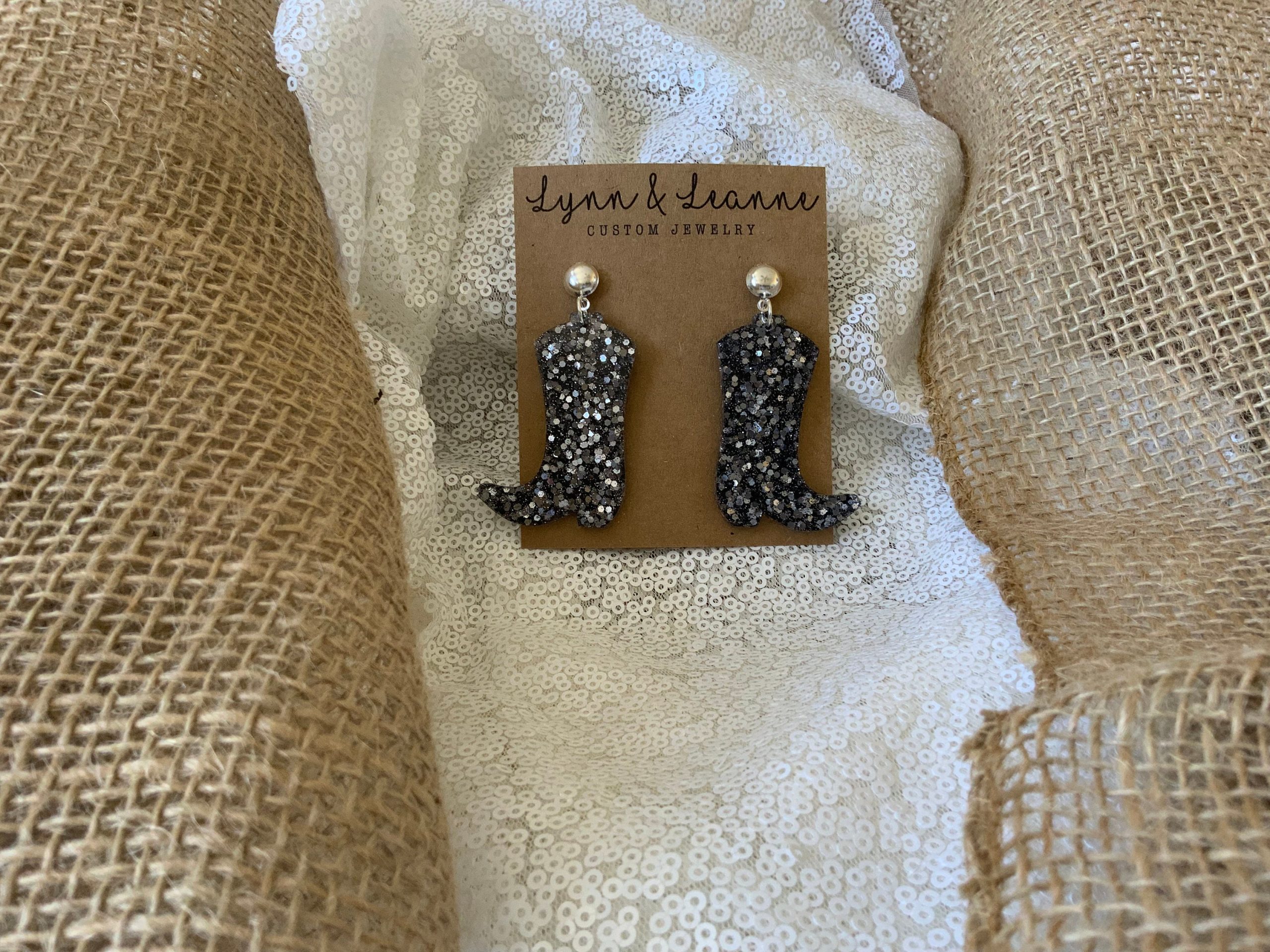 Charcoal Gray Cowboy Boot Glitter Resin Earrings, 2 Inch Cowboy Boot Dangle Bling Cowgirl, Accessories