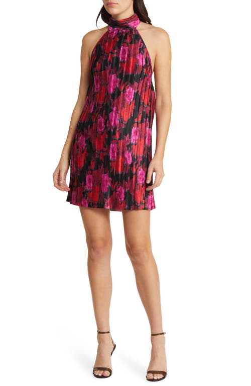 Charles Henry Floral Pleated Halter Neck Minidress in Red Roses at Nordstrom, Size Small