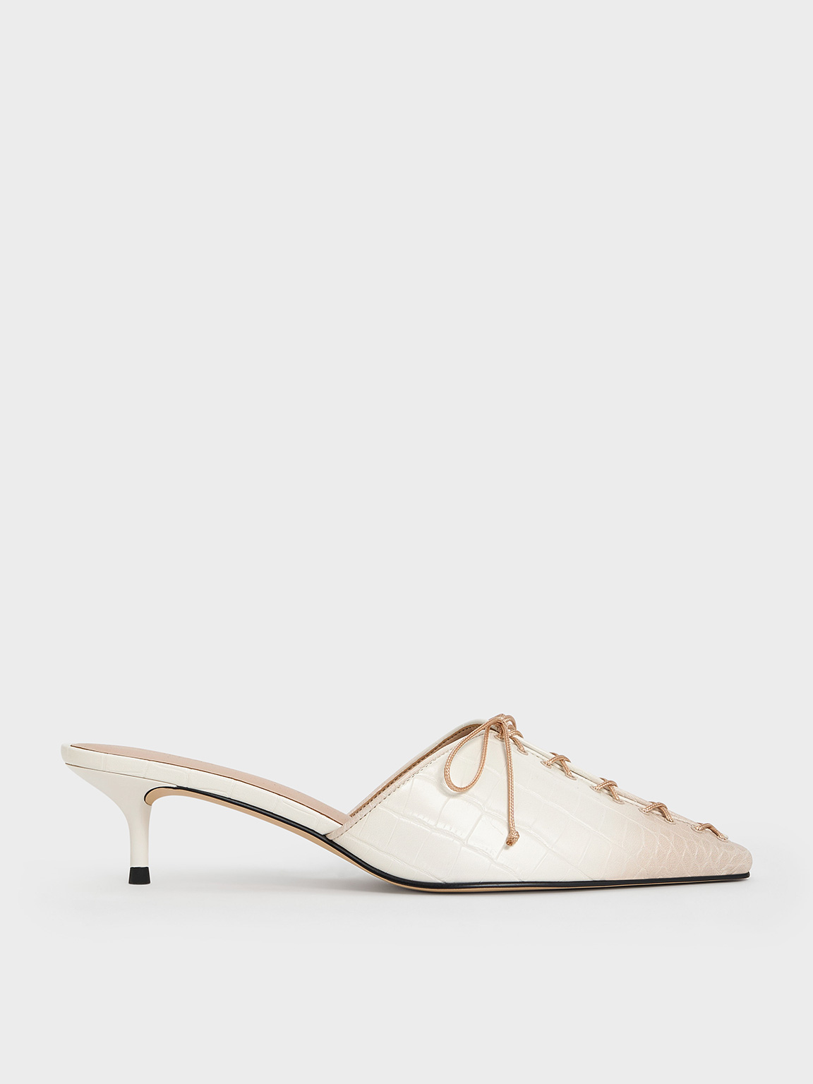 Charles & Keith - Croc-Effect Lace-Up Pointed-Toe Kitten-Heel Mules