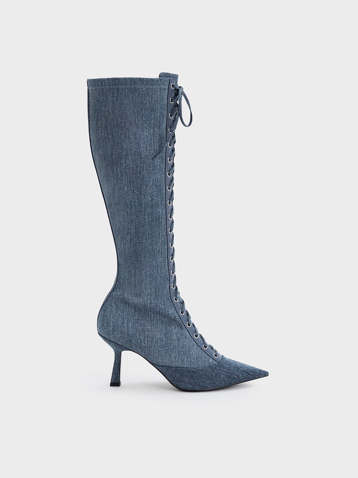 Charles & Keith - Denim Lace-Up Pointed-Toe Knee-High Boots