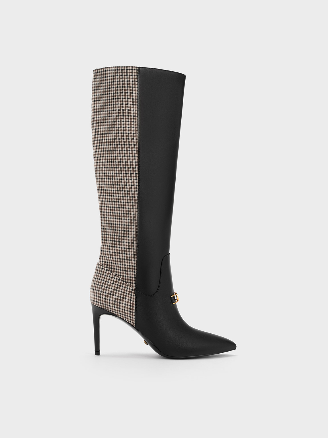 Charles & Keith - Gabine Leather Checkered Heeled Knee-High Boots