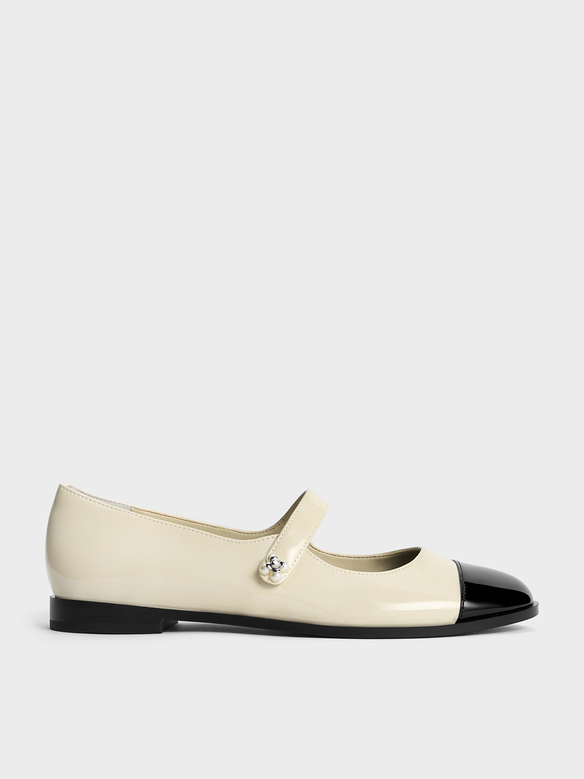 Charles & Keith - Patent Pearl-Embellished Flower-Buckle Cap-Toe Mary Janes