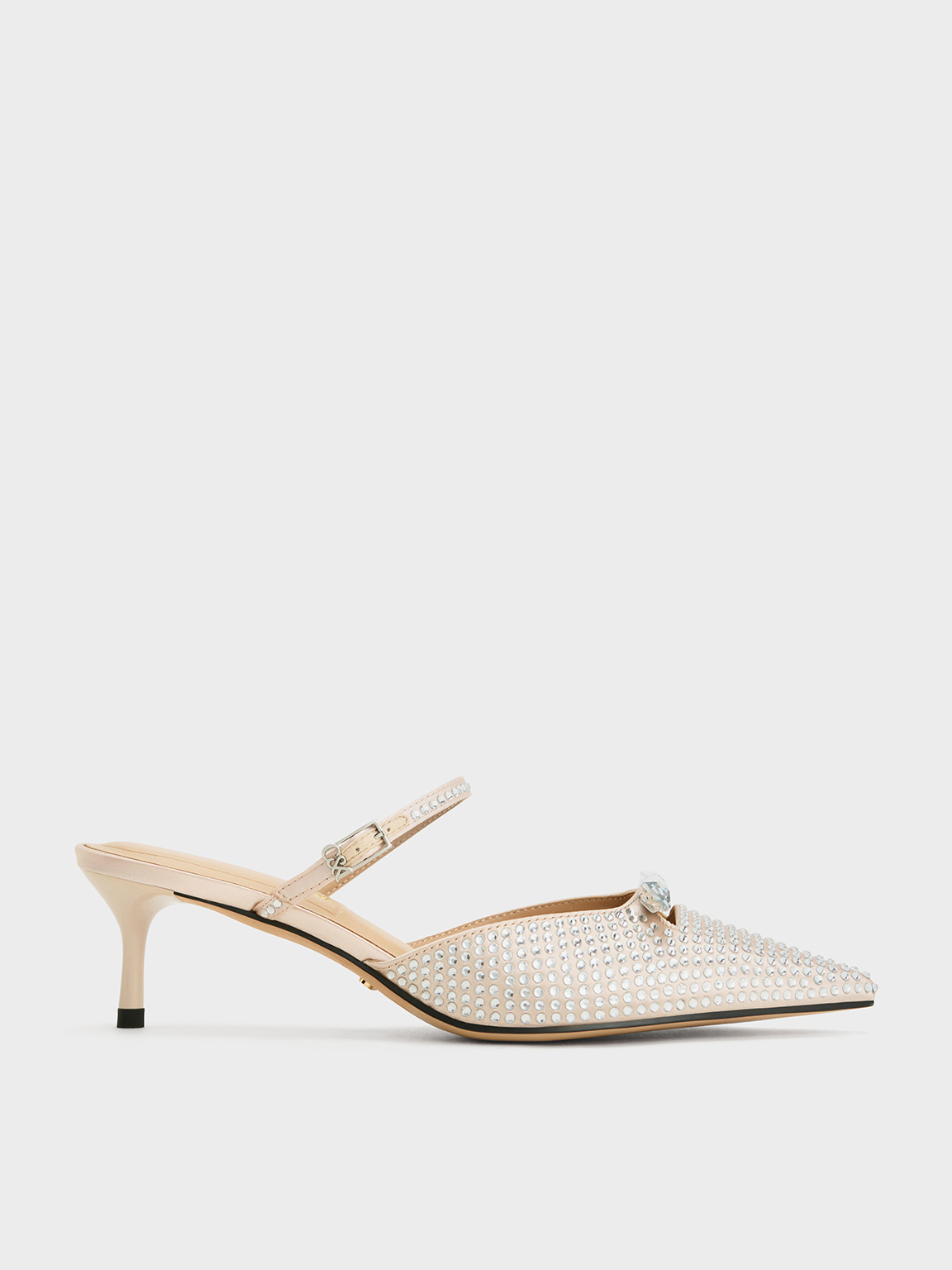 Charles & Keith - Recycled Polyester Crystal-Embellished Bow Kitten-Heel Mules