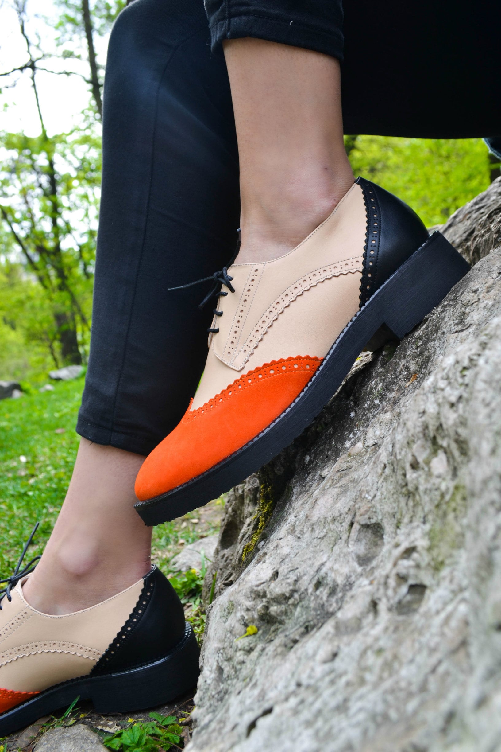 Charlie Brogues Orange - Women's Handmade Genuine Leather Suede Color Block Lace-Up Shoes, Black Oxford Shoe, Free Customization