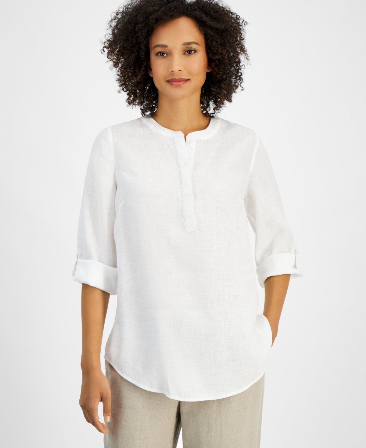 Charter Club Women's Linen 3/4-Sleeve Tunic Top, Exclusively at Macy's - Bright White