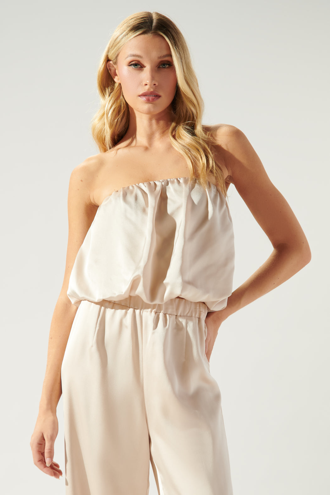 Chateau Satin Strapless Scrunchie Crop Top