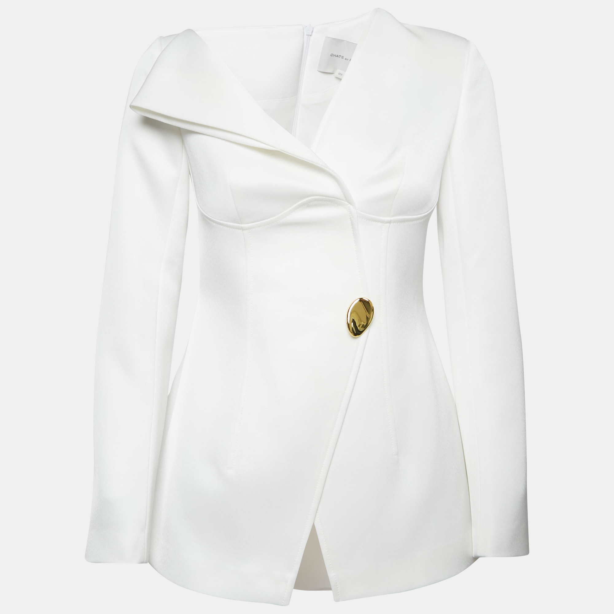 Chats By C.Dam White Crepe Asymmetric Shoulder Esther Blazer S