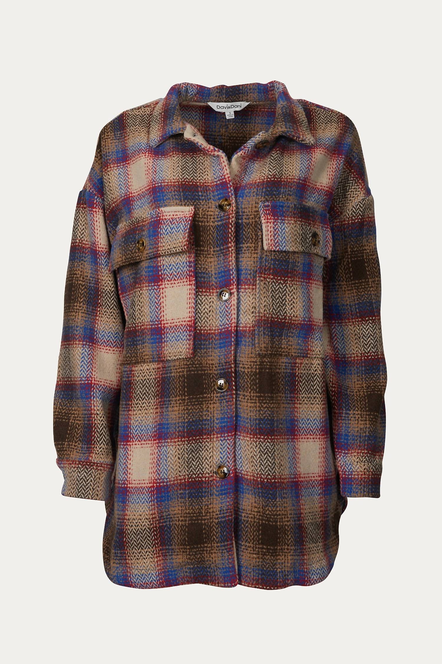 Checked Wool-Blend Shacket In Dark Brown