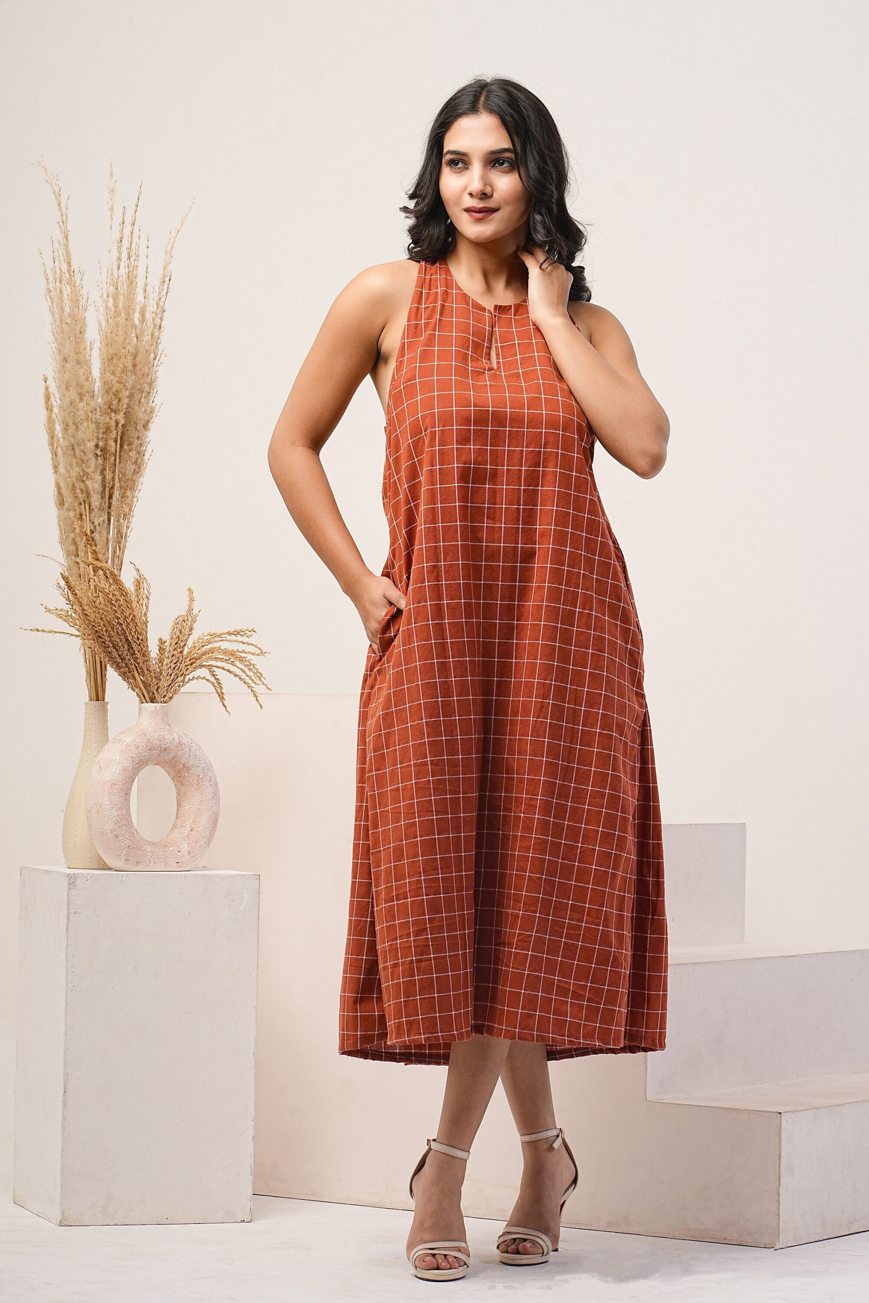 Checkered Linen Tunic, Halter Neck Soft Elasticated Pleated Backless Dress, Tunic Dress For Women, Plus Size Clothing