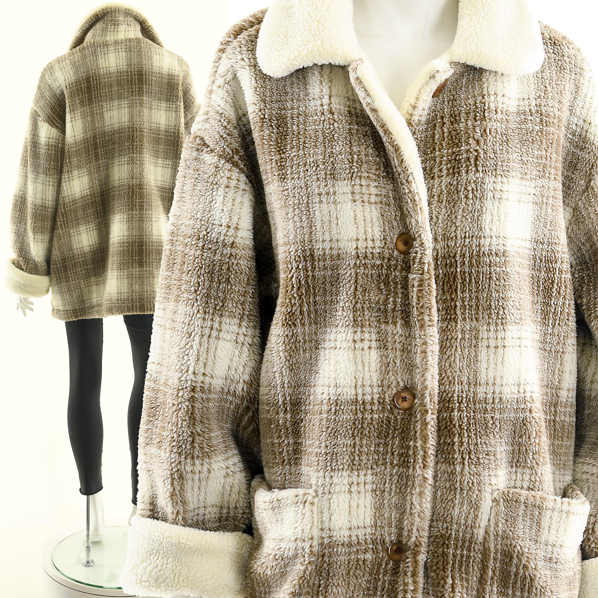 Checkered Teddy Coat, Vintage 90S Tartan Bear Jacket, Fuzzy Plaid Coat, Shag Coat Shacket, Vintage Duster Coat, Fuzzy Winter Jacket, M L