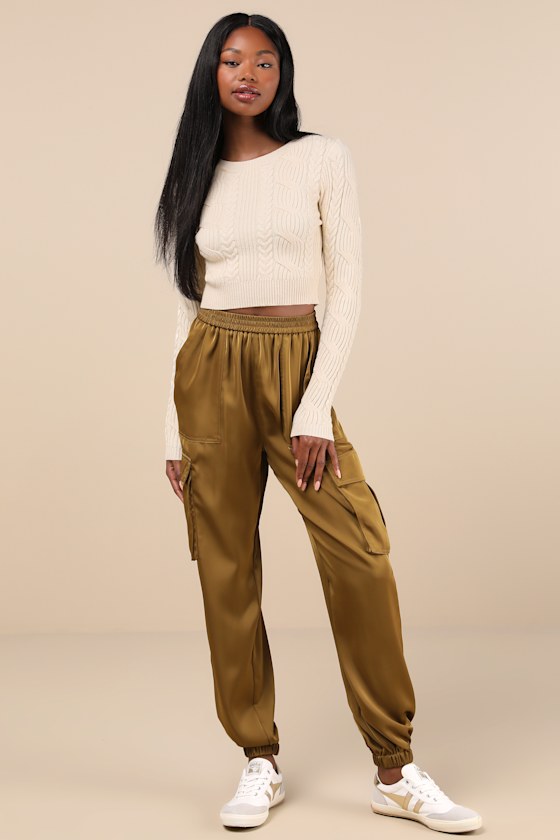 Chic Dedication Olive Green Satin High-Rise Cargo Jogger Pants