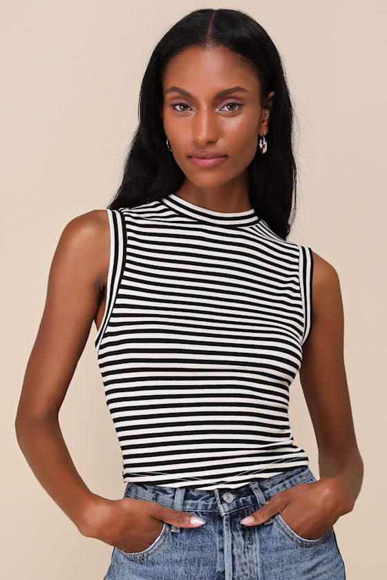 Chic Direction Cream and Black Striped Mock Neck Ribbed Tank Top