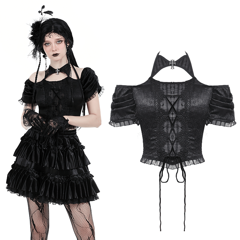 Chic Gothic Black Off-the-Shoulder Top with Lace-Up