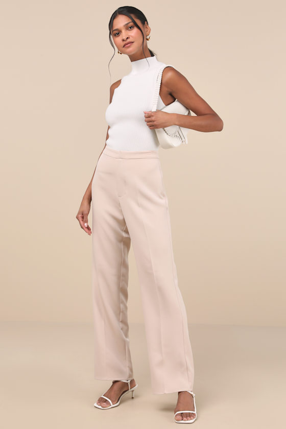 Chic Muse Beige High-Rise Straight-Leg Trouser Pants