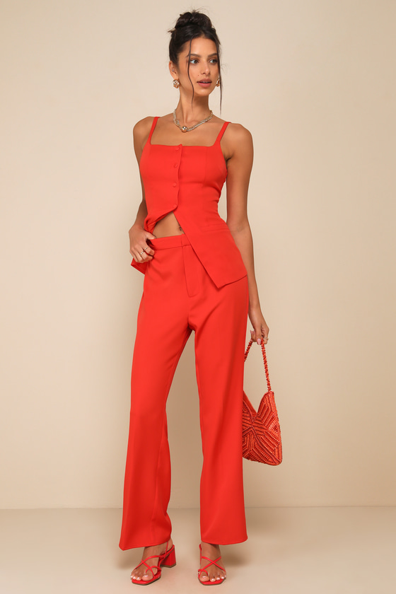 Chic Muse Bright Red High-Rise Straight-Leg Trouser Pants