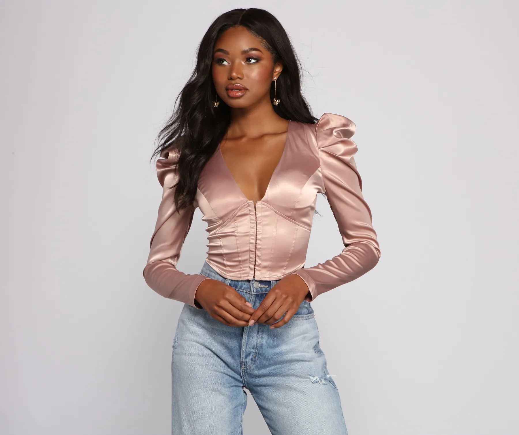 Chic Satin Puff Shoulder Corset Top