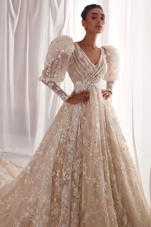 Chic V-neck Puffy Sleeves A-line Wedding Dress Glitter Sequins Princess Bridal Dress with Train