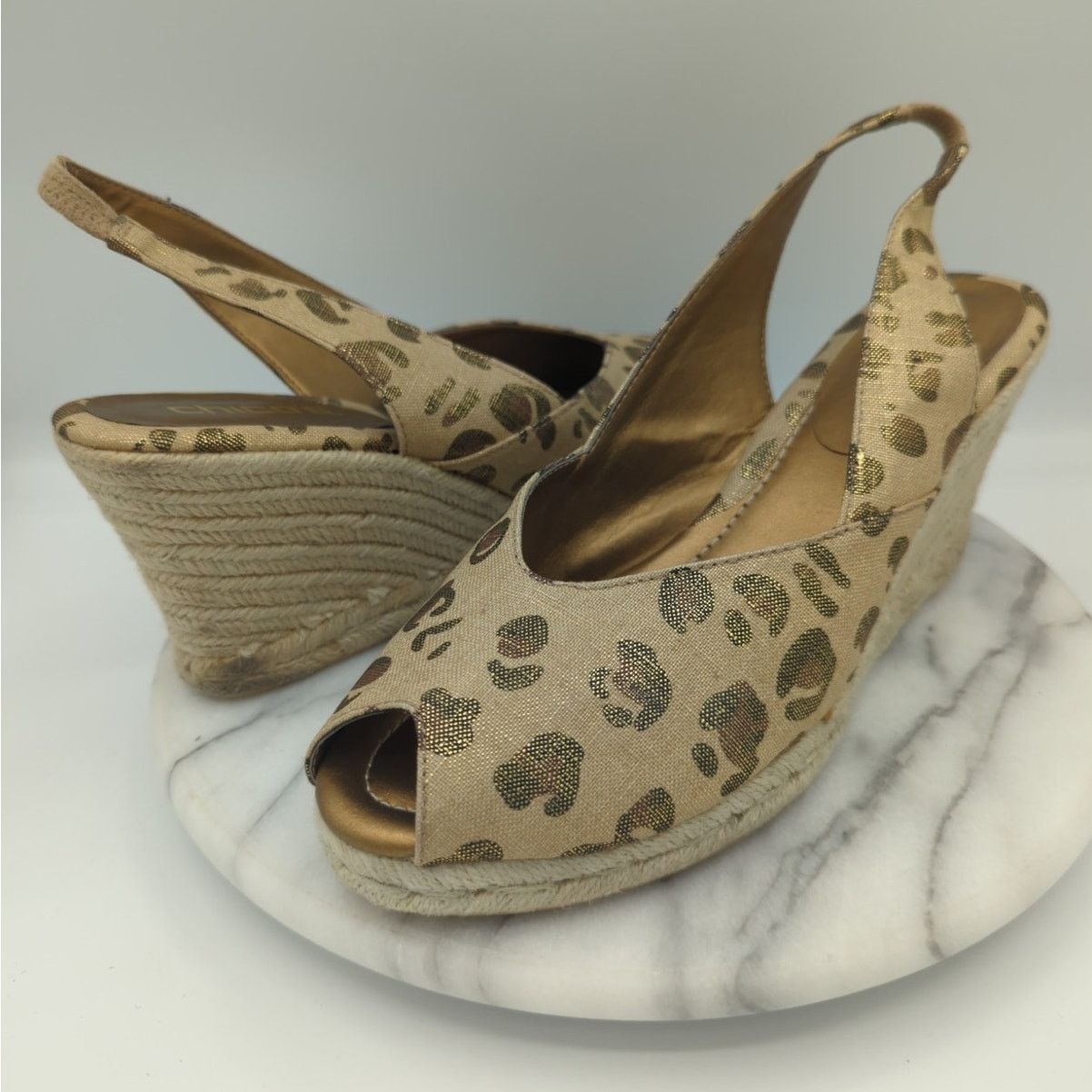 Chico'S Wedge Metallic Leopard Slingback Espadrilles Shoes in Tan, Women's (Size 10)