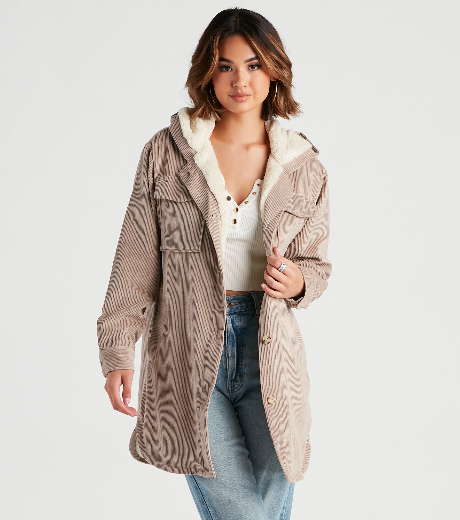 Chill Tale Corduroy Faux Sherpa Shacket