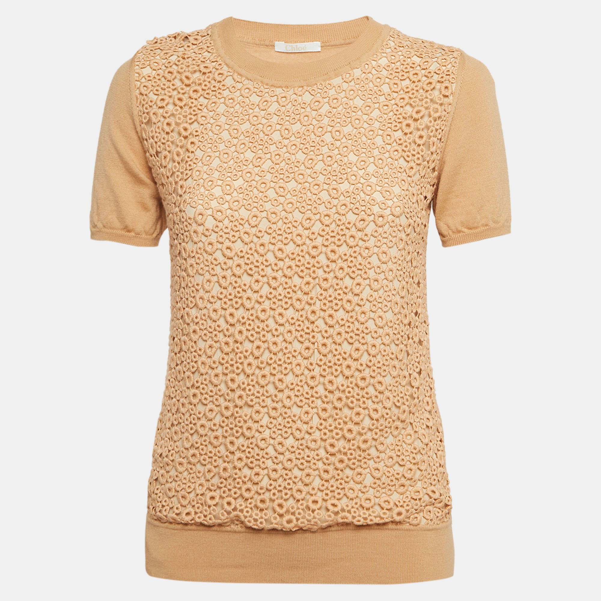 Chloe Beige Lace and Wool Short Sleeve Sweatshirt S