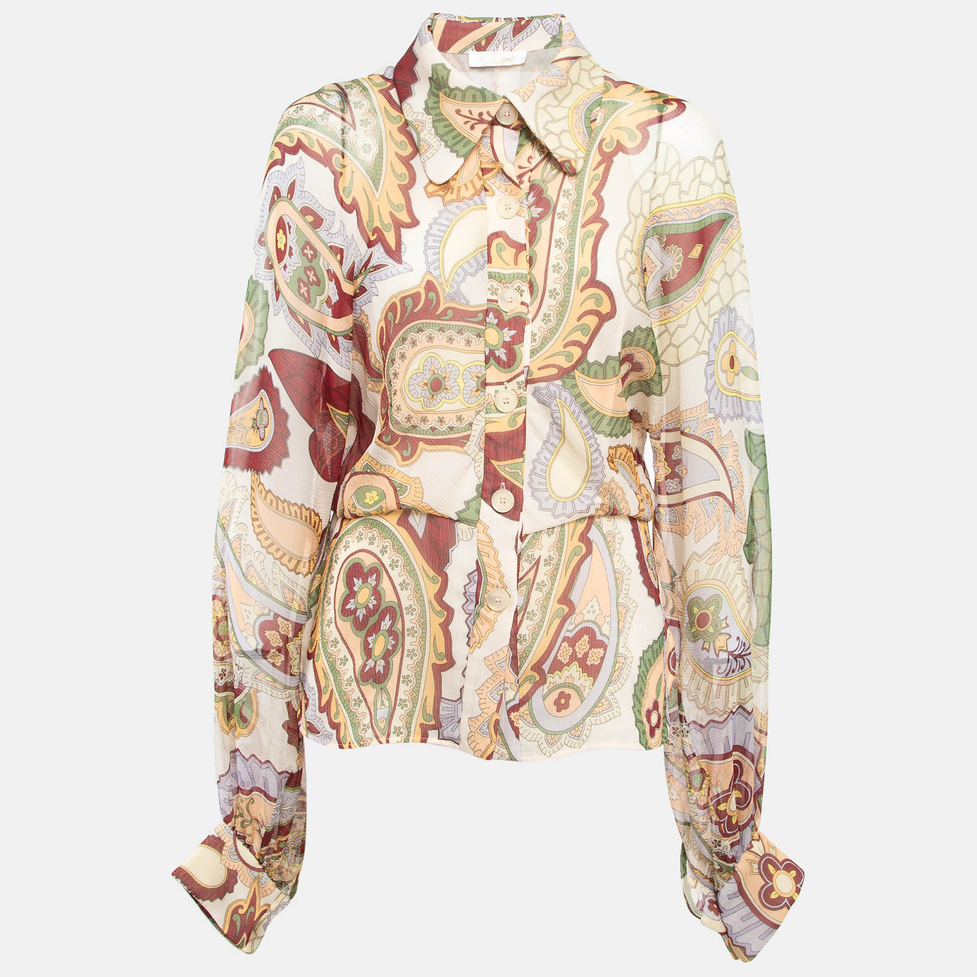 Chloe Beige Paisley Print Chiffon Silk Shirt L