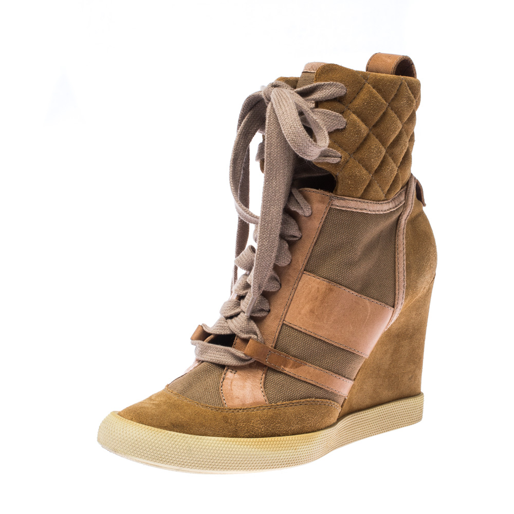 Chloe Beige/Brown Suede Leather And Canvas Lace Up Wedge Ankle Boots Size 38