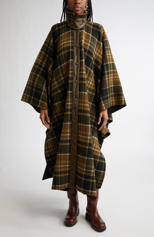 Chloé Check Double Face Wool & Leather Long Cape Coat in Black Green at Nordstrom, Size 8 Us