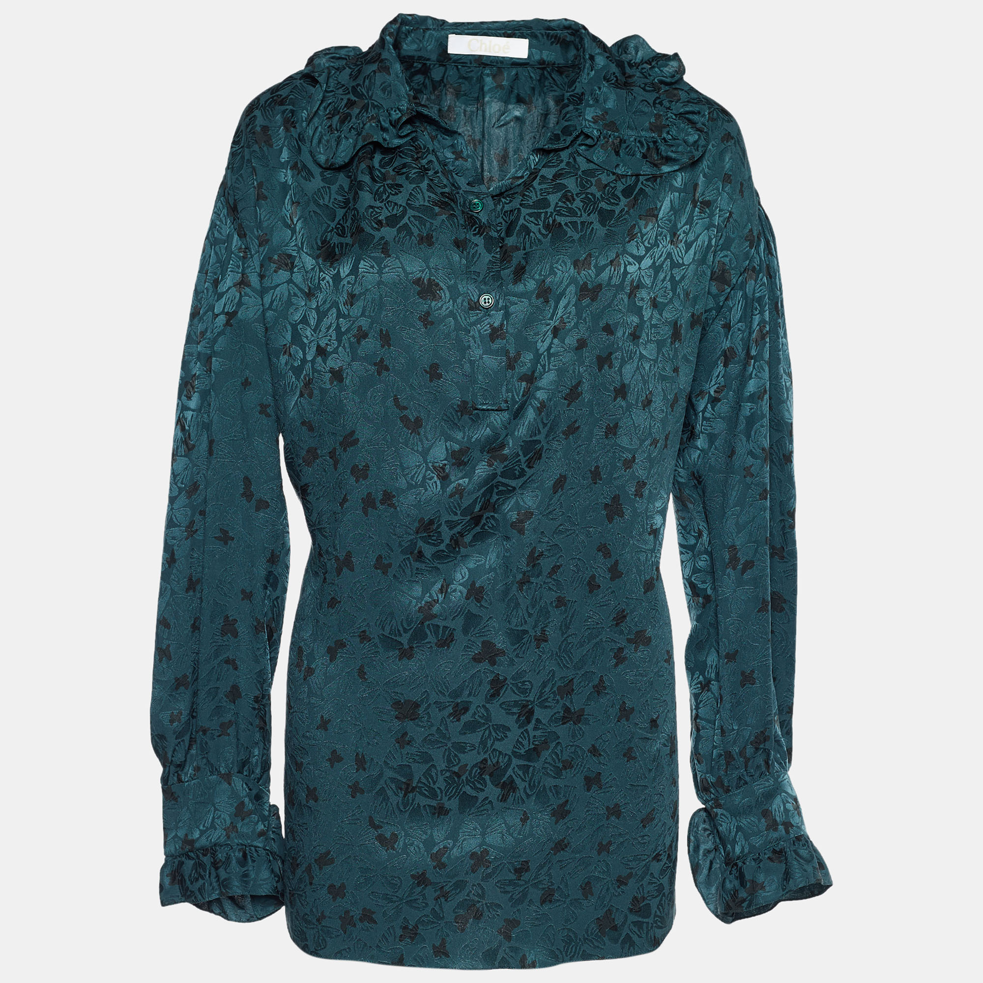 Chloe Green Silk Butterfly Jacquard Oversized Blouse M