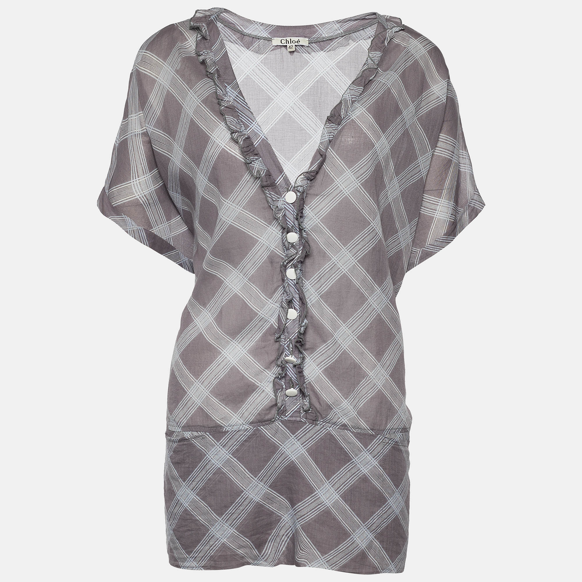 Chloe Grey Check Print Cotton Ruffle Detail Oversized Blouse L